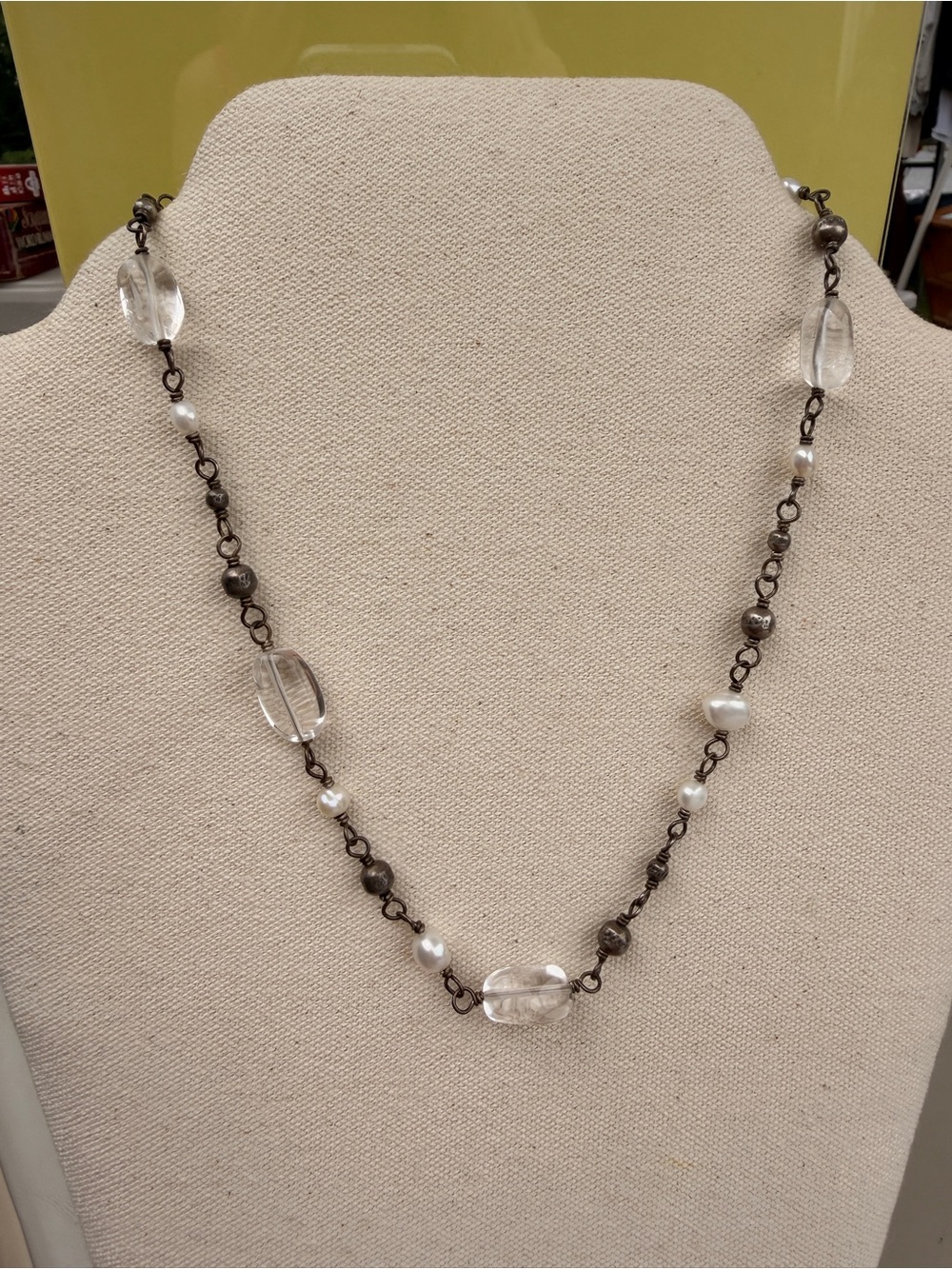 Clear Crystal and Pearl Station Necklace - Unbranded